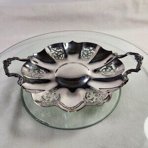 Essay Silver Plated Tray with Handles Footed Small Round Dish Scalloped Edge